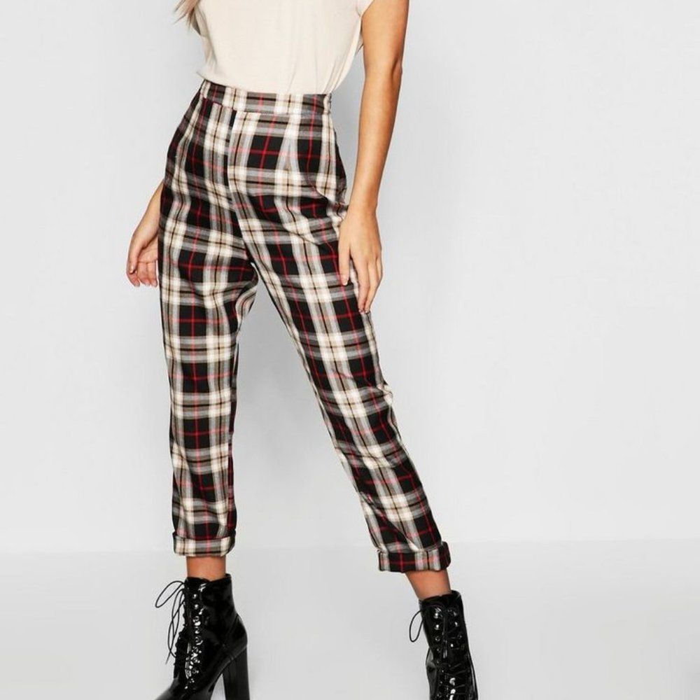 boohoo plaid tartan check tapered leg trouser pant size 4